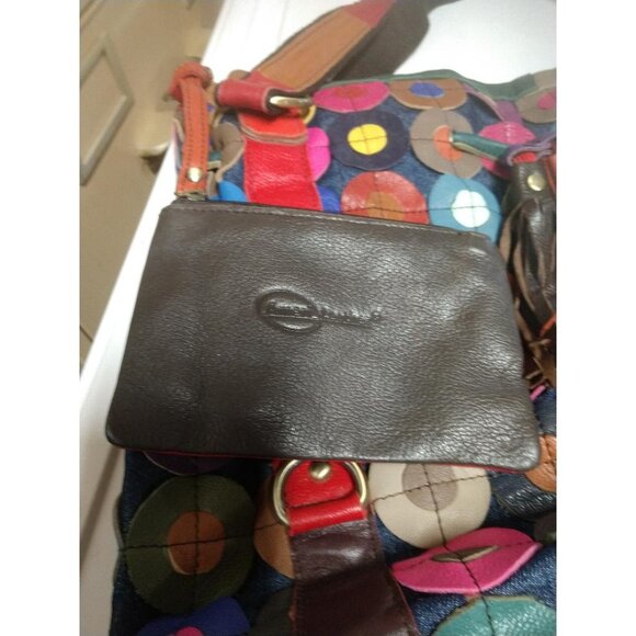 Ameri Leather Multi-Colored Leather Patchwork Tote Bag With Red Accent Pouch & T - Picture 9 of 9